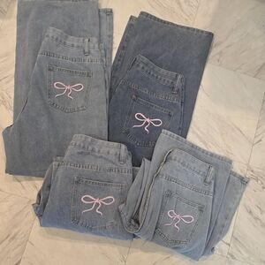Chic Women's Denim Jeans with Pink Bow Detail